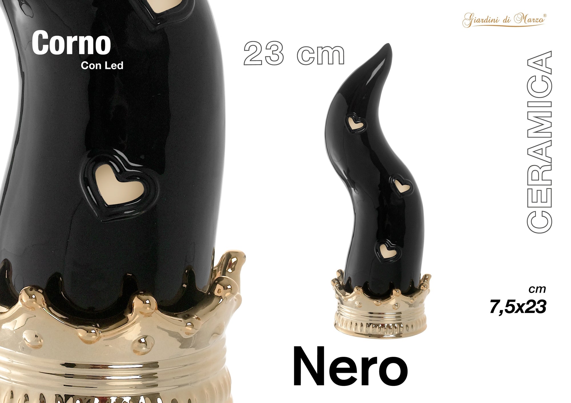 Corno Nero/oro C/led Medio 23 Cm