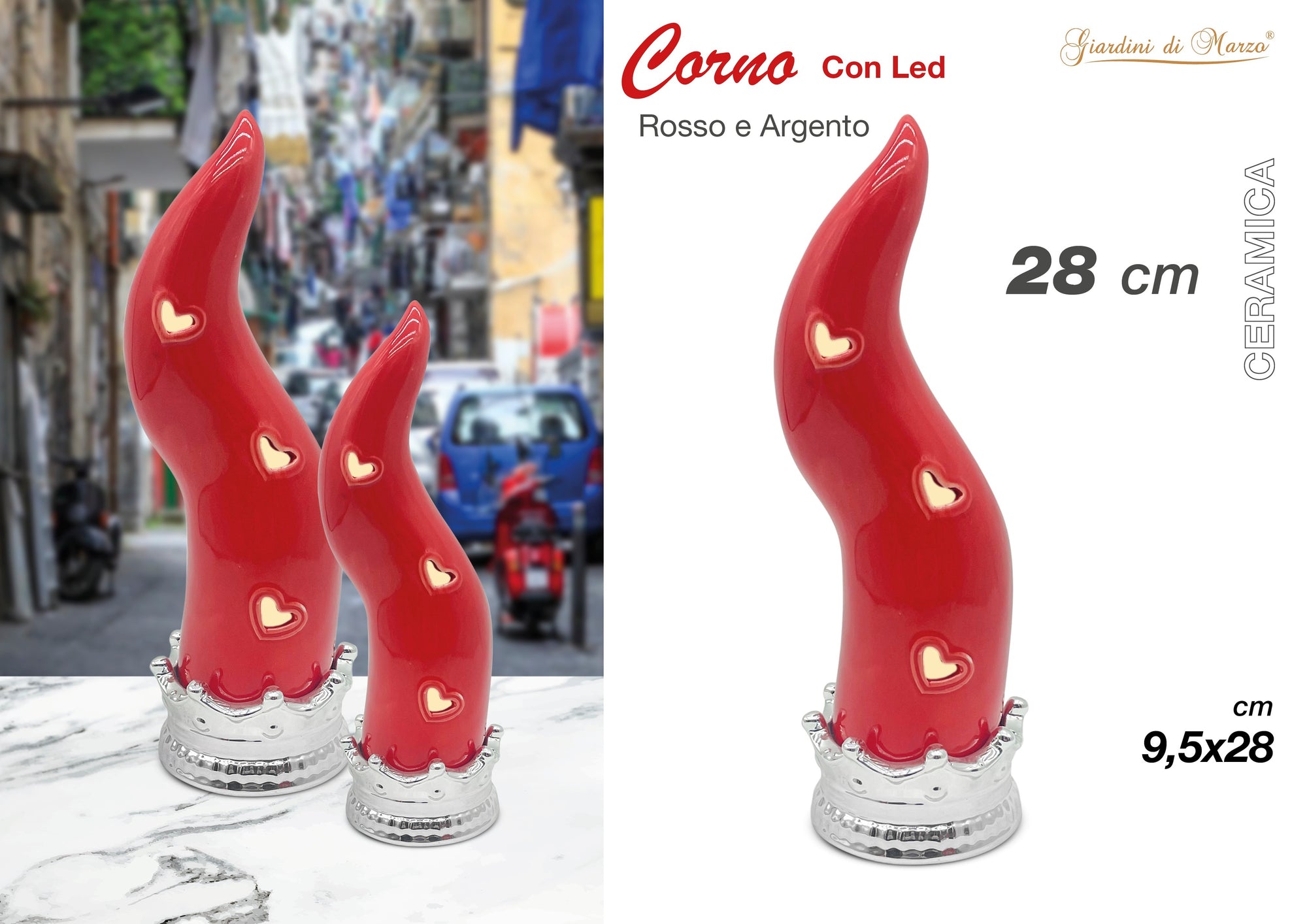 Corno Rosso/argento C/led Grande 28 Cm