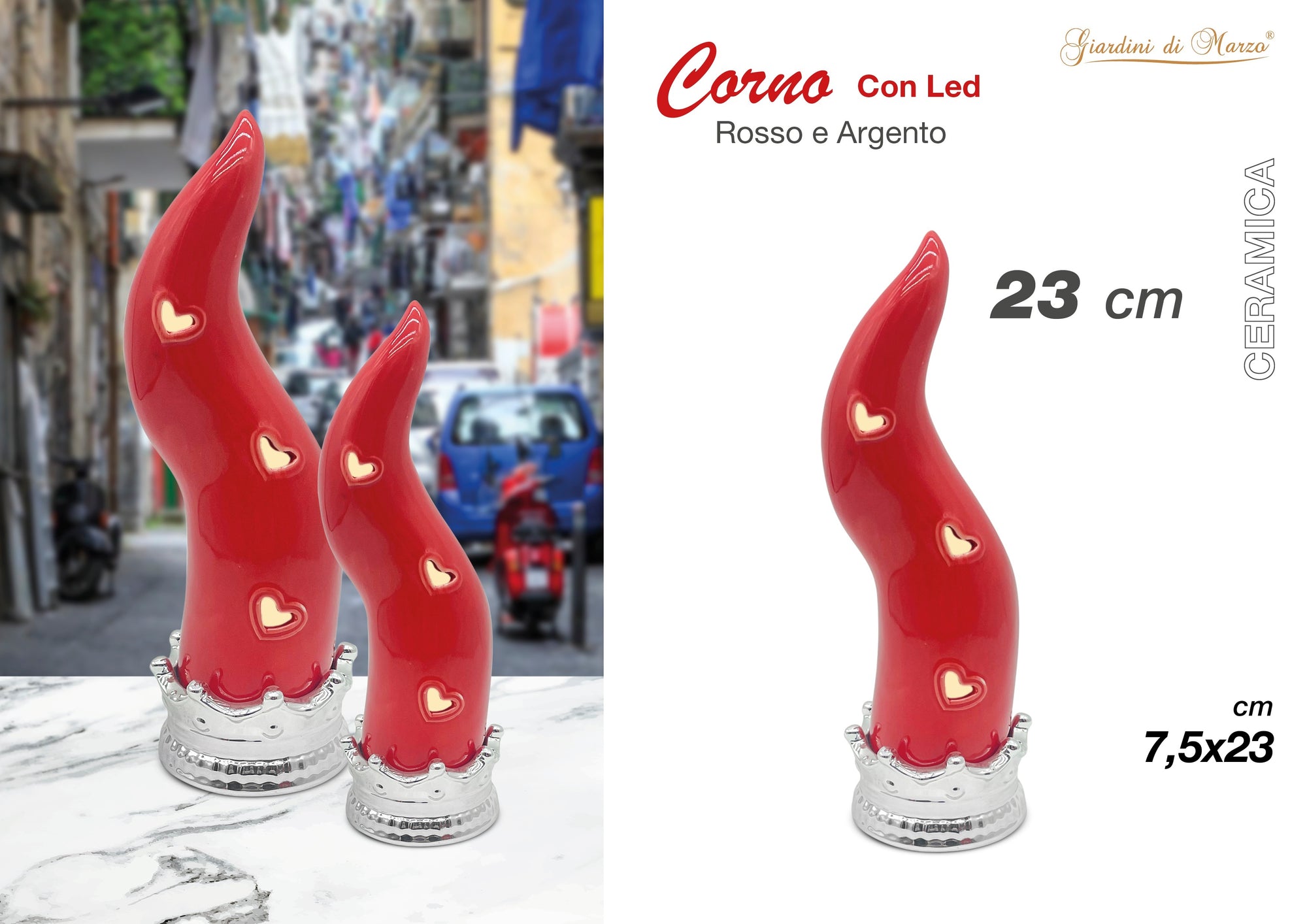 Corno Rosso/argento C/led Medio 23 Cm