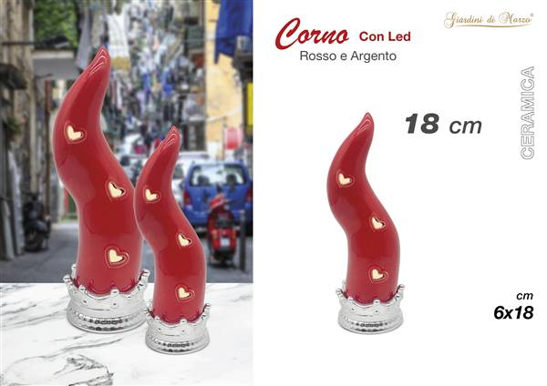 CORNO ROSSO/ARGENTO C/LED PICCOLO 18 CM