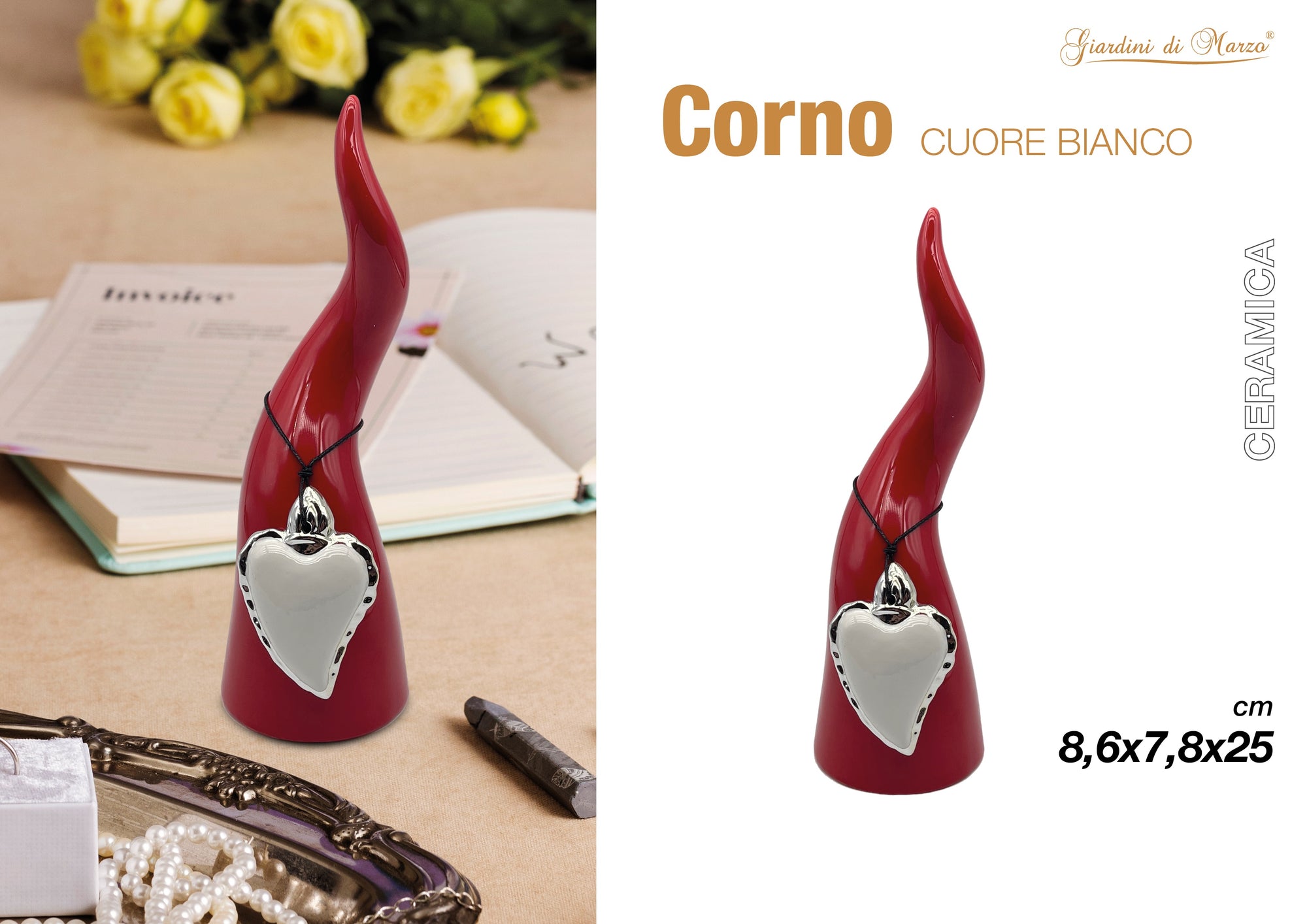 Corno Rosso Grande Con Cuore Sacro Bianc