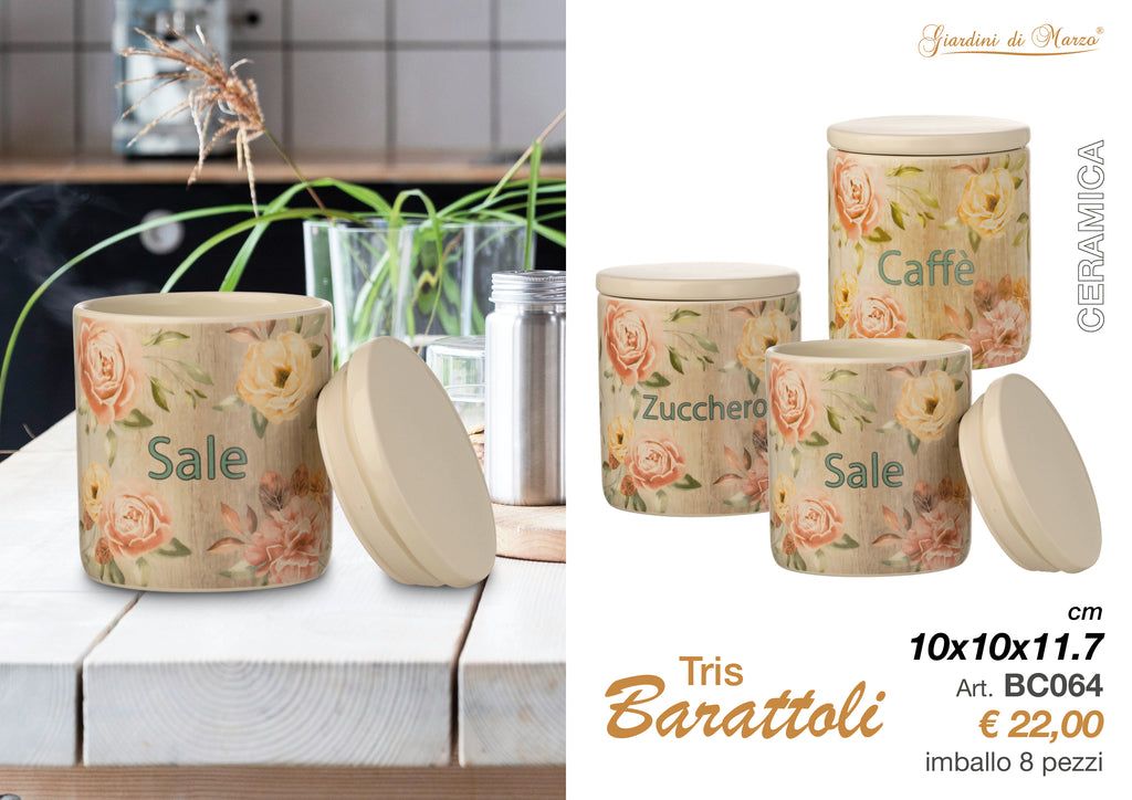 Tris Barattoli Ceramica Floreale
