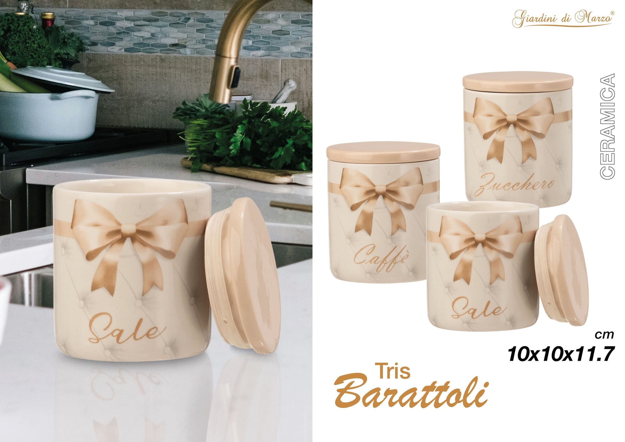 Tris Barattoli Ceramica Fiocco Tortora