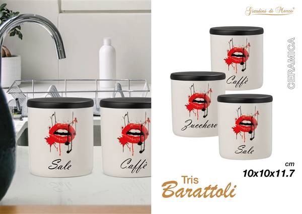 TRIS BARATTOLI CERAMICA LABBRA ROSSA