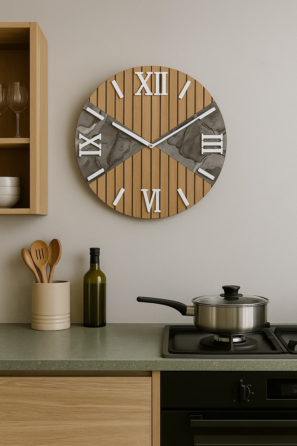 Orologio Tondo Marmo Grigio 40 Cm Legno