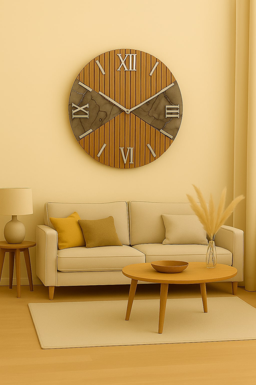 Orologio Tondo Marmo Grigio 60 Cm Legno