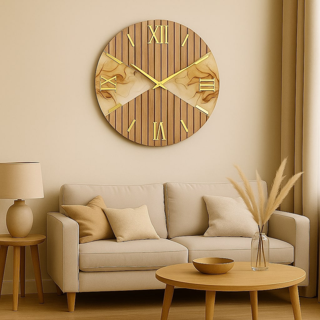 Orologio Tondo Marmo Tortora 60 Cm Legno