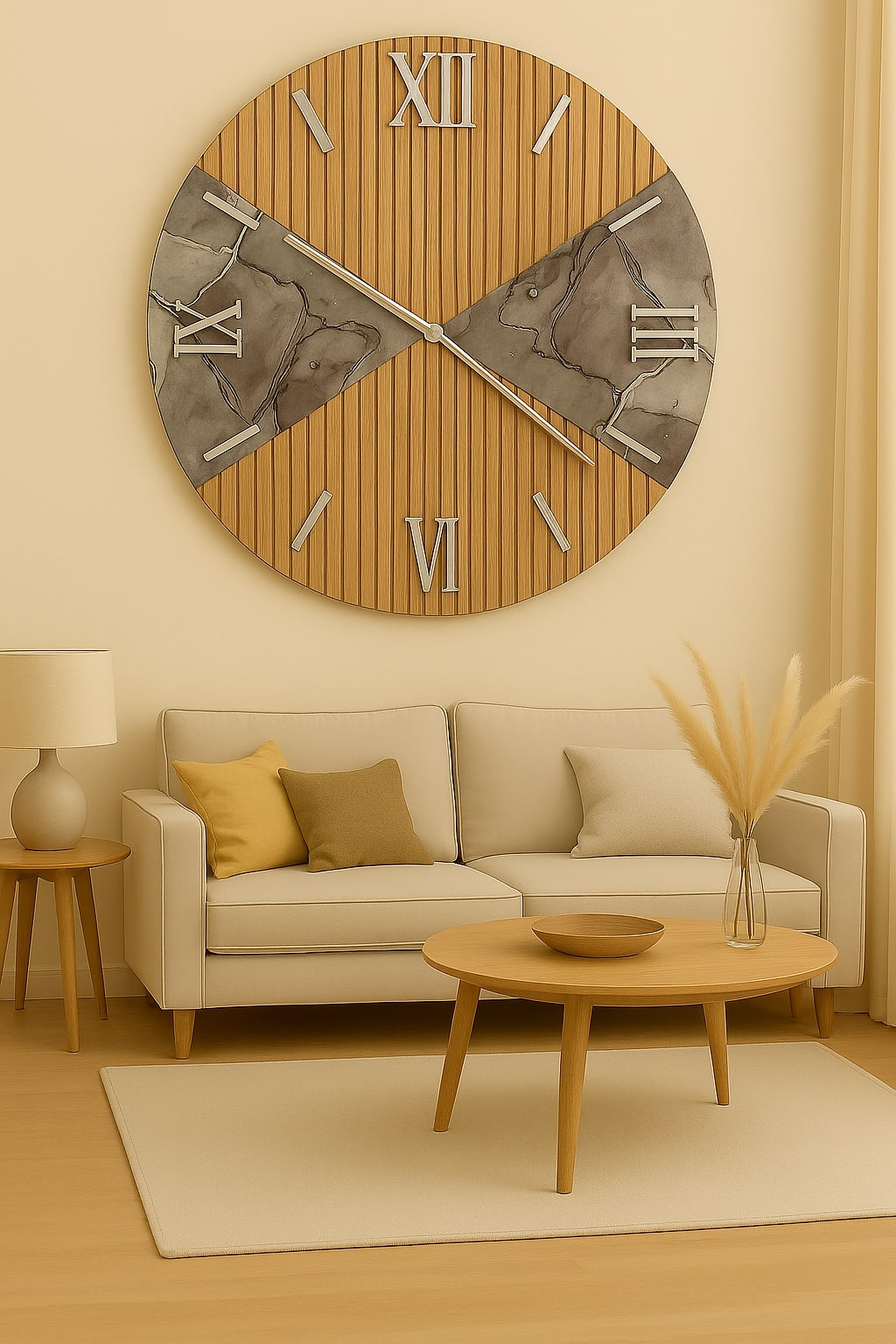 Orologio Tondo Marmo Grigio 80 Cm Legno