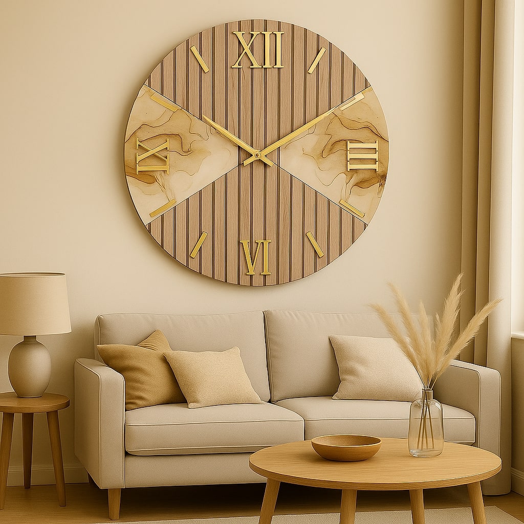 Orologio Tondo Marmo Tortora 80 Cm Legno