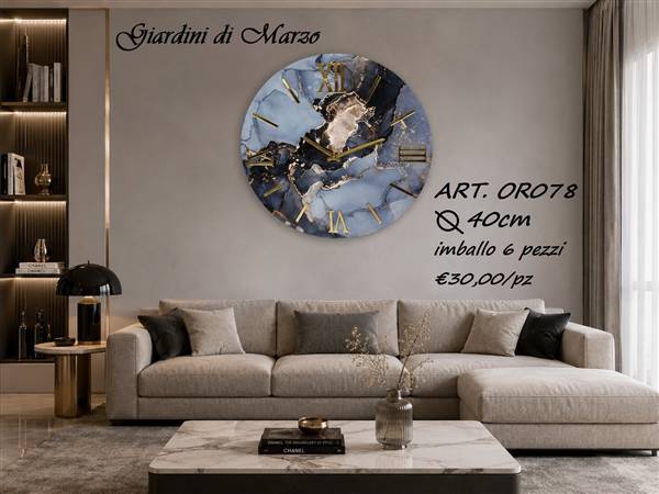 OROLOGIO LEGNO 40 CM EFF MARMO DARK GOLD