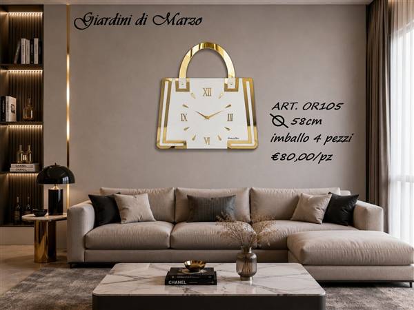 OROLOGIO LEGNO 58CM BORSA BIANCO E ORO
